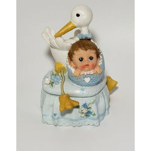 Stork With Baby Boy Blue Resin Trinket Keepsake Box Baby Shower Gift